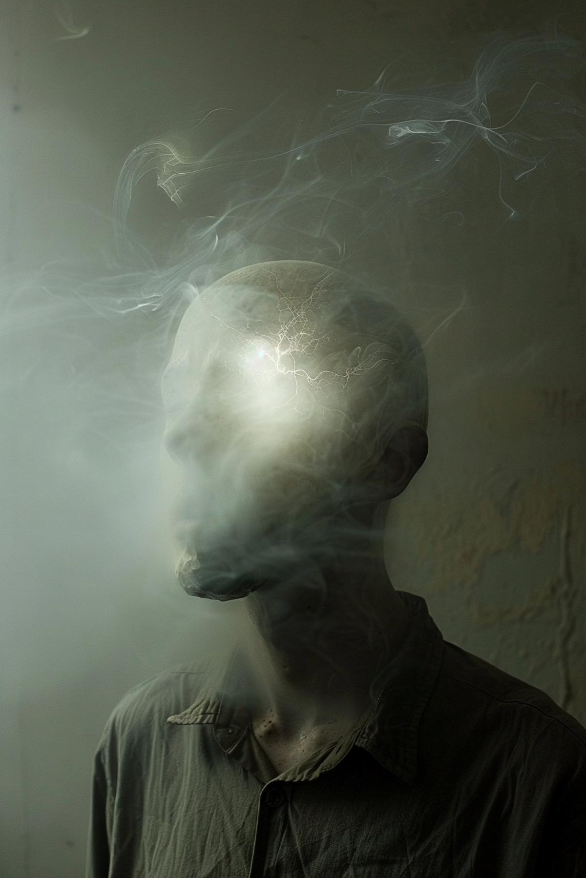 there is another head inside the head, the effects of radiation, , absurd image, minimalism, flickering, Photoshop