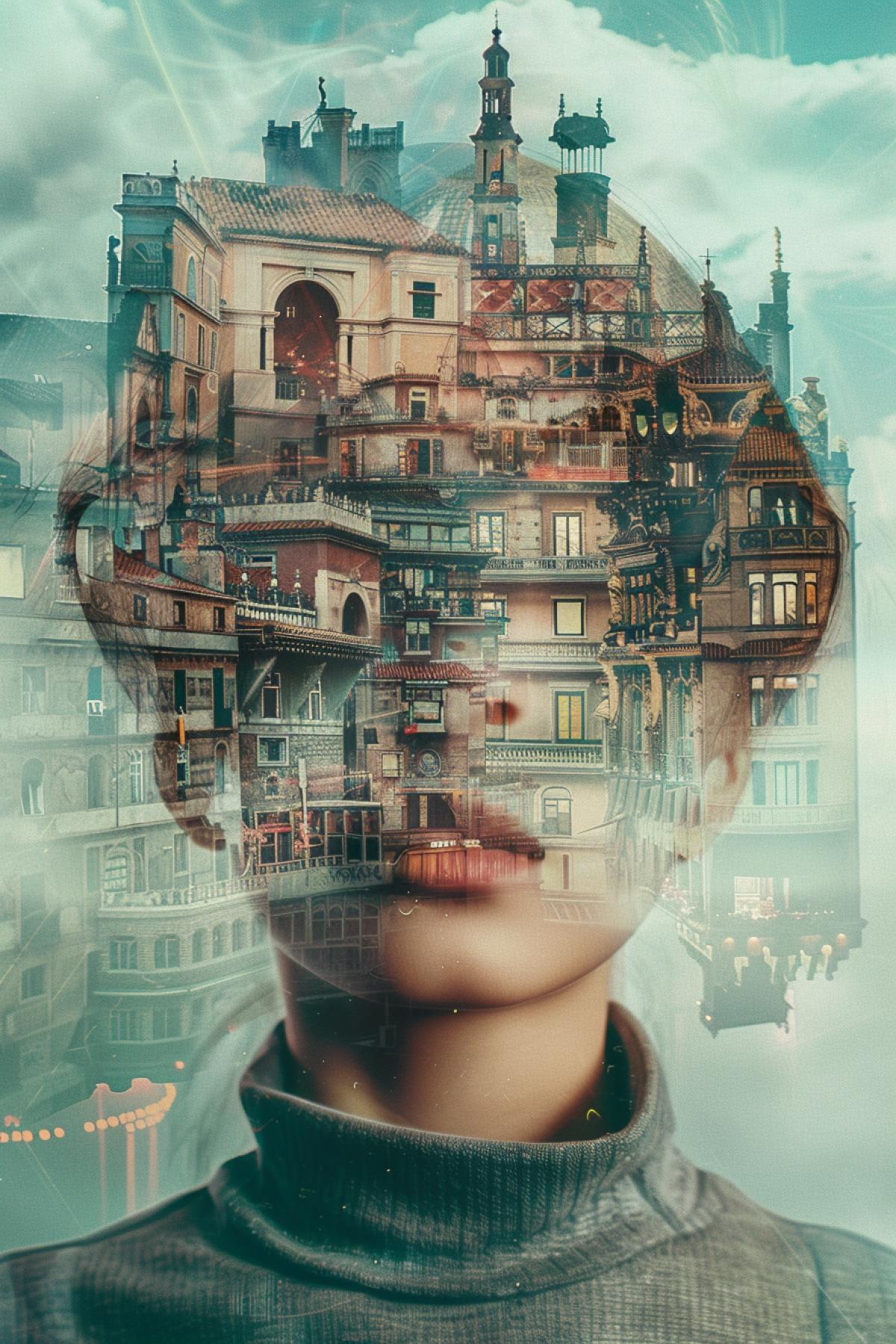 there is a city inside the head, absurd image, maximalism, flickering, Photoshop, surrealism