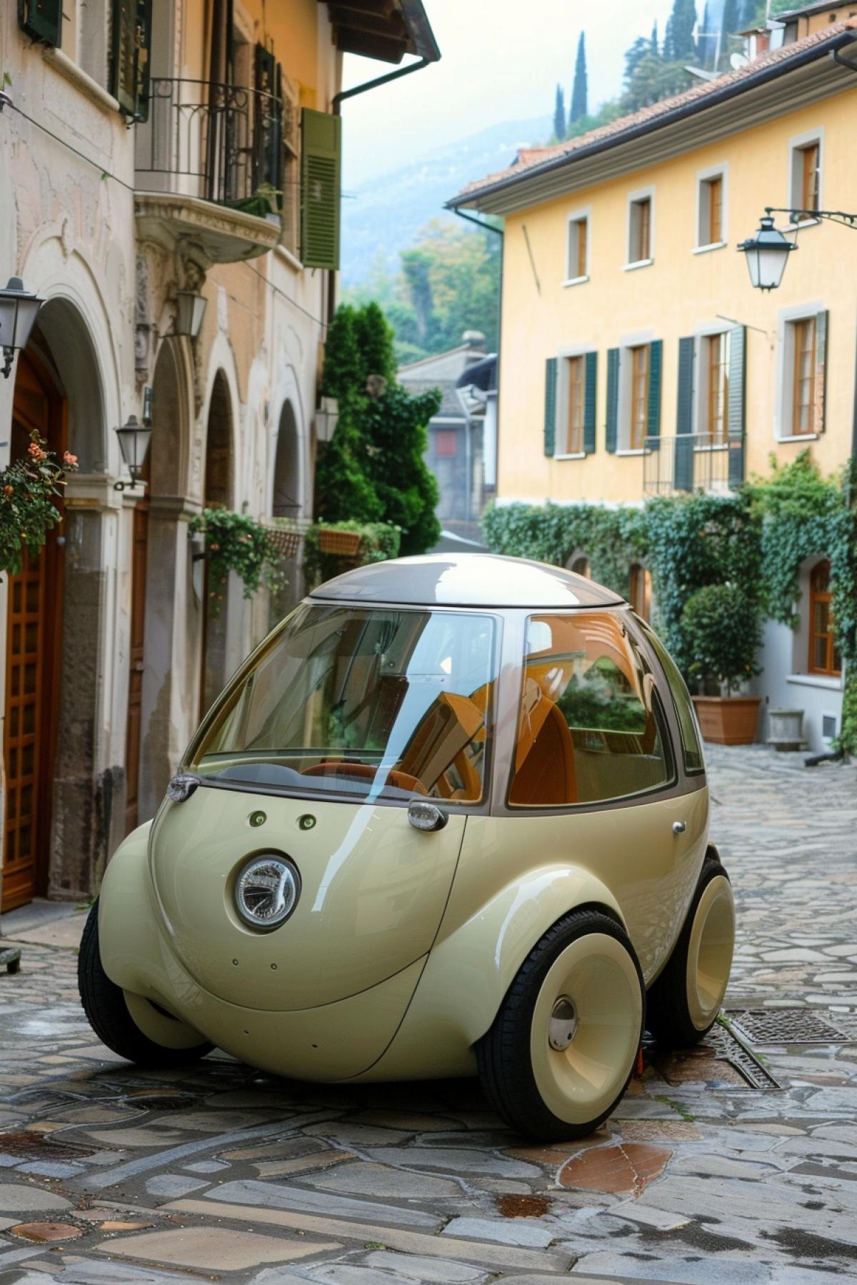 A round car on square wheels, a funny and absurd concept car