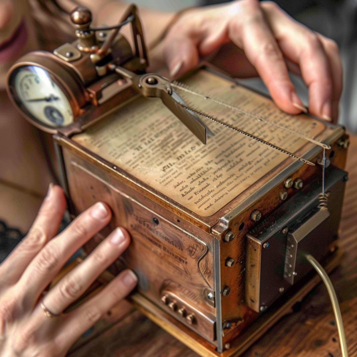 Autonomous hair clipper in the form of a miniature lawnmower in steampunk style in the process of trimming hair on a persons head