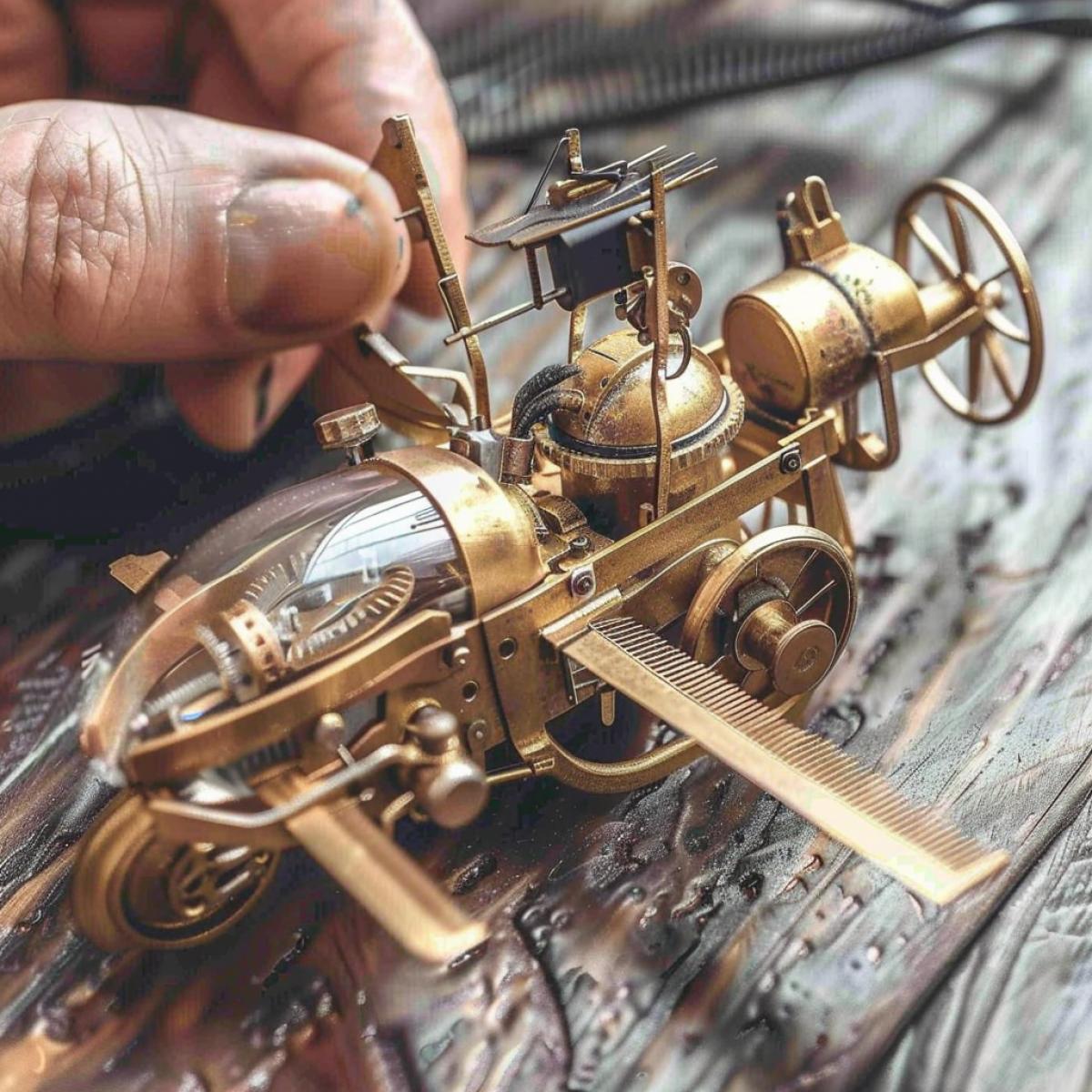 Autonomous hair clipper in the form of a miniature lawnmower in steampunk style in the process of trimming hair on a persons head