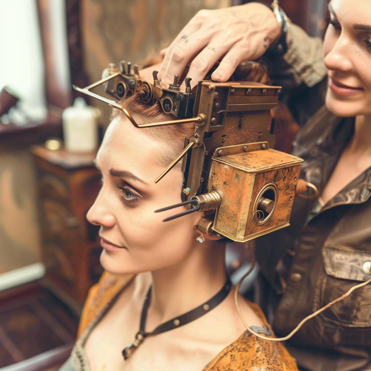 Autonomous hair clipper in the form of a miniature lawnmower in steampunk style in the process of trimming hair on a persons head