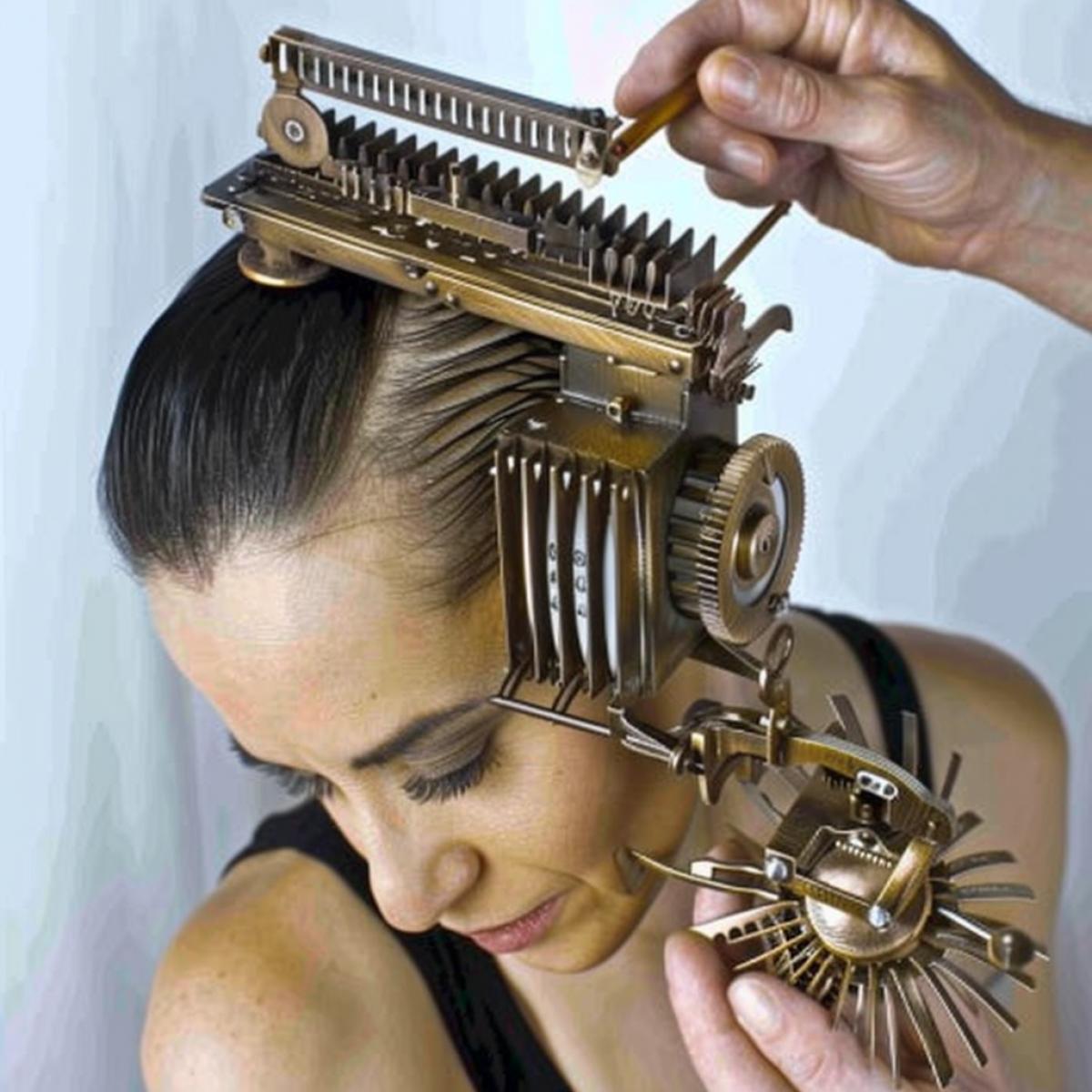 Autonomous hair clipper in the form of a miniature lawnmower in steampunk style in the process of trimming hair on a persons head