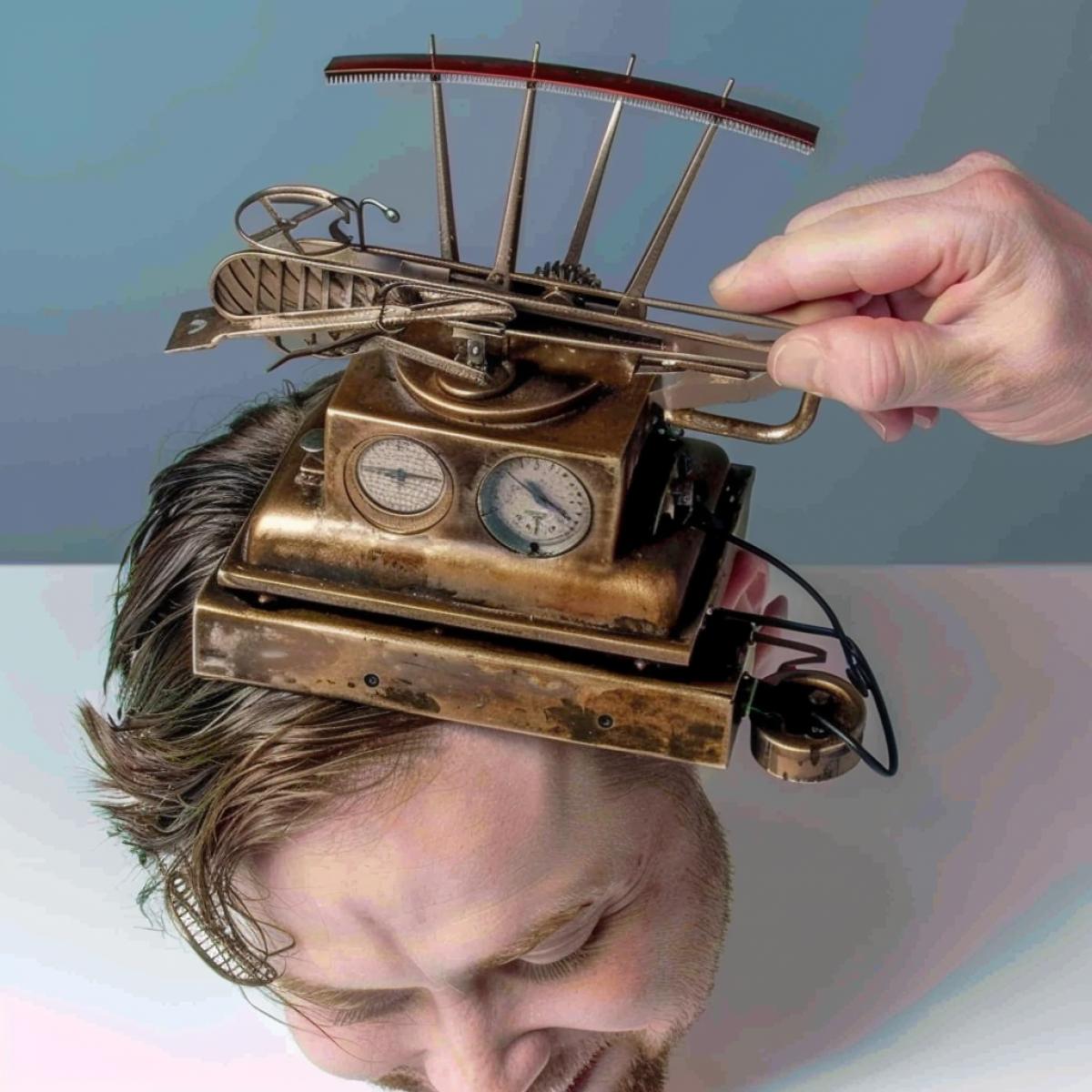 Autonomous hair clipper in the form of a miniature lawnmower in steampunk style in the process of trimming hair on a persons head