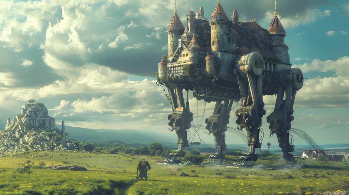 Medieval Moving Castle, walks on four legs across a huge green field, high quality, good detail, science fiction