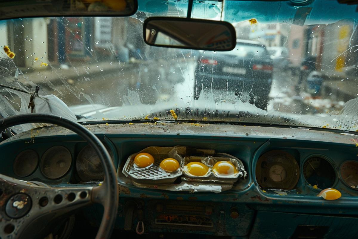 View from inside the car. The driver sits on the left, on the right there is a drain on the dashboard, on which eggs are frying.