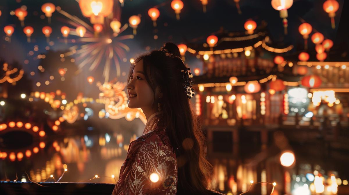 Korean girl fashion model, half-full face, watching the Chinese lantern festival over the night river, smile, the atmosphere of the Chinese New Year, fireworks and huge dragons in the background, Chinese houses, high quality, staged shot.