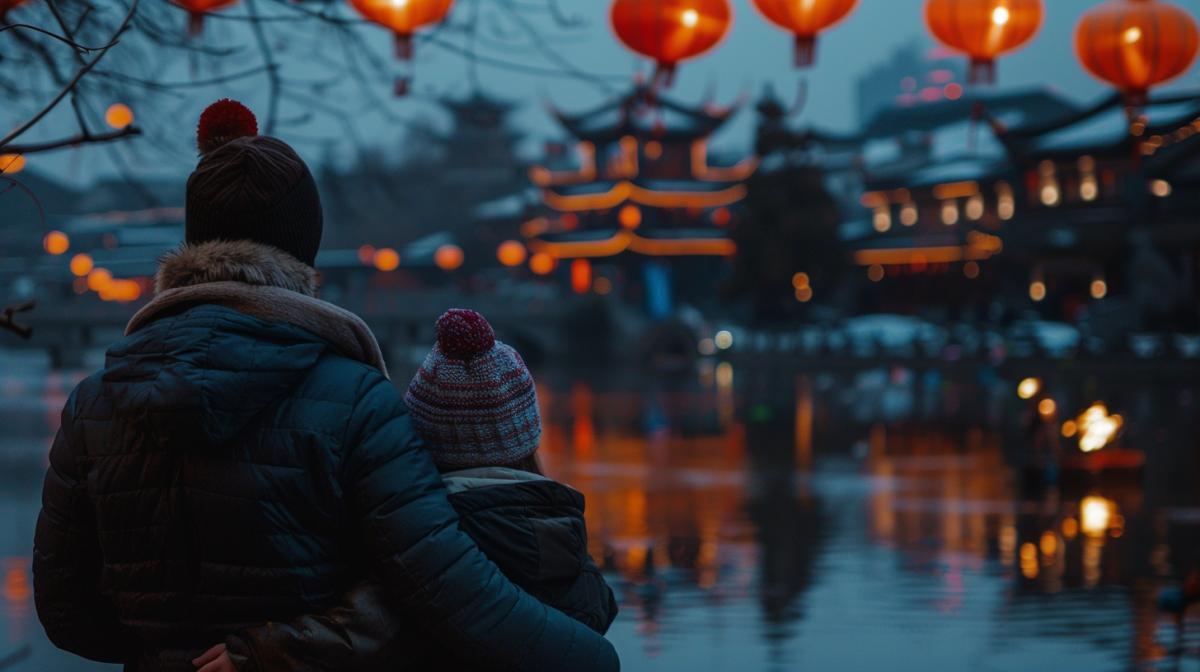 A Slavic family (semi-full face contour lighting) watches the Chinese lantern festival over the night bay, the atmosphere of the Chinese New Year, Chinese houses, magicians in the background, juggling with burning clubs, high quality, staged shot.