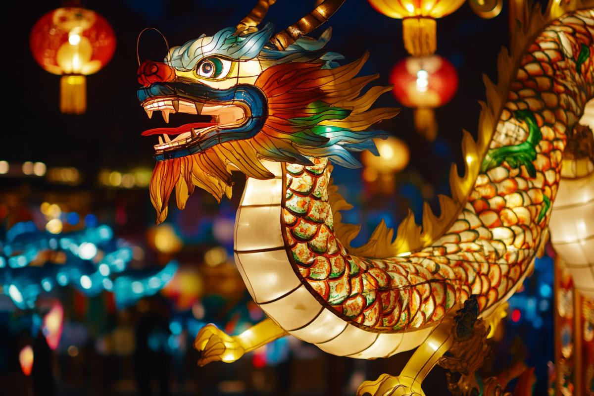 A captivating depiction of the Chinese Lantern Festival, where thousands of vibrant and intricately designed lanterns fill the night sky. The lanterns float gracefully, creating a breathtaking tapestry of light and shadow. A close-up reveals the delicate details and artistic end of a lantern, with a pattern of dragons and floral motifs. In another scene, a ling street is illuminated by the soft glow of lanterns, casting a warm ambiance on the faces of the joyful festival-goers. Unusual scenes include a lantern in the shape of a giant, floating jade rabbit, and a lantern that transforms into a life-sized dragon, soaring through the sky. The overall atmosphere is enchanting, magical, and unforgettable.