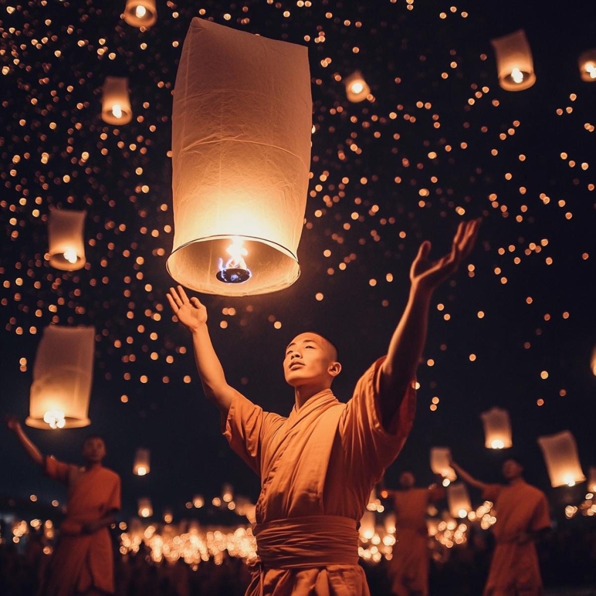 Photo of young Shaolin monks at the Lantern Festival in China. They raise large sky lanterns with burning flames inside to the dark night sky. The lantern is decorated with small lights that illuminate it from the inside, creating an effect reminiscent of fireflies. One monk stands in front, stretching out his hands to the sky, as if preparing to fly up with a lantern.