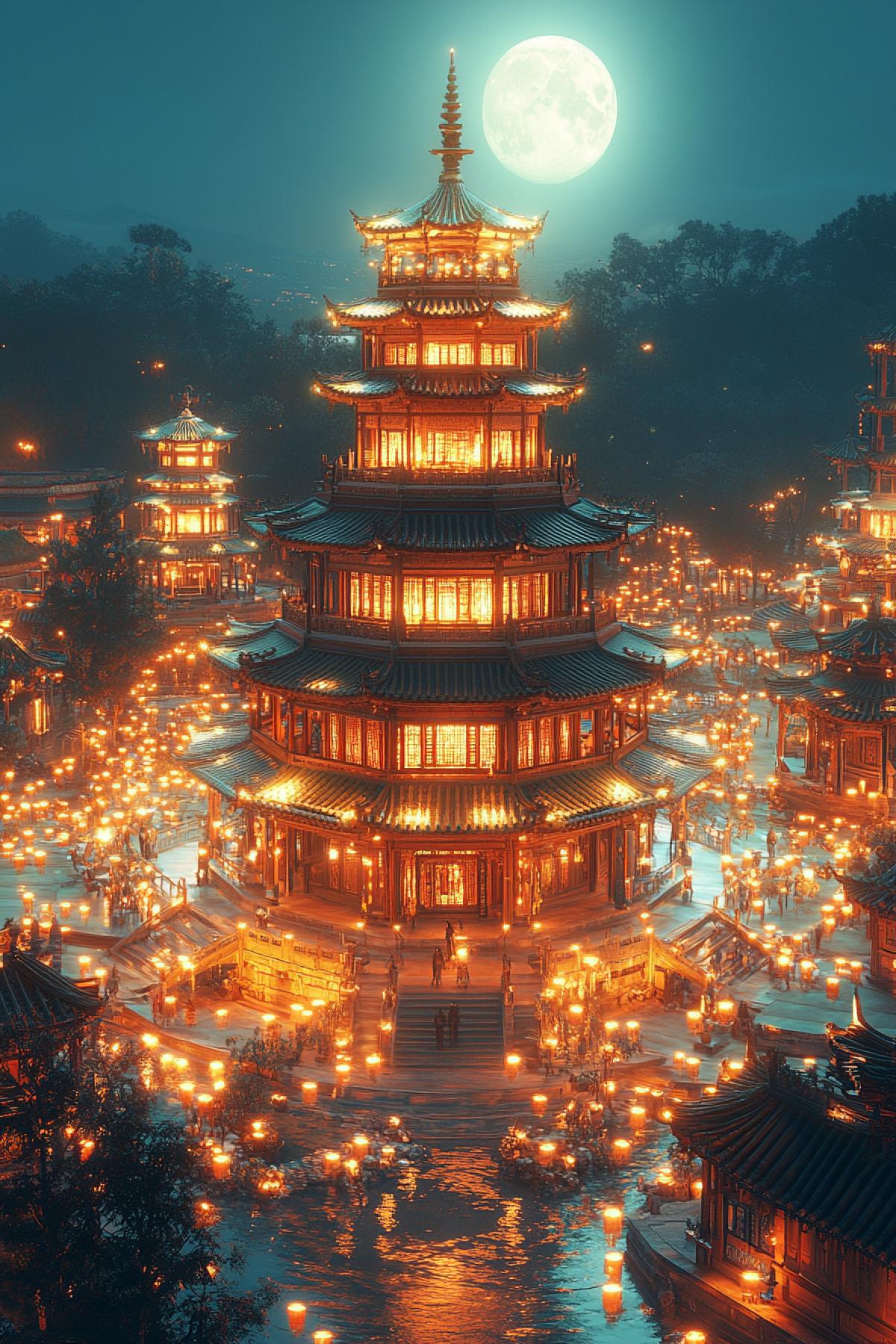 An awe-inspiring drone-captured panorama of the Chinese Lantern Festival, where thousands of floating lanterns create a mesmerizing rivers of light that snake through the ancient town. The illuminated temples, with their intricate architectural details, stand out against the night sky, bathed in a harmonious blend of soft pastel and vibrant neon hues. The full moon casts a gentle glow, while the ethereal lighting enhances the mystical atmosphere. The high-dynamic-range imagery captures the depth and detail of this breathtaking scene, transporting the viewer to a dark fantasy world.