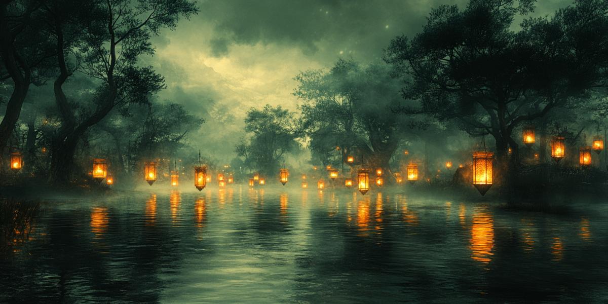 A haunted garden during the Lantern Festival, lanterns of various sizes flickering with eerie light, twisted trees casting grotesque shadows. A pond reflects a distorted image of the lanterns, ghostly figures seem to emerge from the mist. Predominant colors are dark greens and darks, with sickly yellow lantern light. High definition, haunting and surreal. Created Using: Landscape lens, eerie lighting, horror landscape, grotesque shadows, reflective water, atmospheric perspective, nightmarish details, haunting ambiance