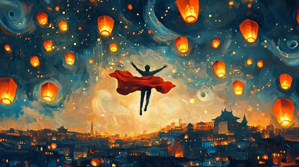 A mesmerizing Zentangle-inspired artwork that captures the essence of the Lantern Festival in China. A dazzling night scene from a Hollywood superhero movie, with the main character soaring through the sky. The background features a surreal, Van Gogh-inspired sky, complete with swirling brushstrokes and a vibrant, dreamy color palette. Lanterns of various shapes and sizes fill the scene, while the city is bathed in a warm, golden glow, creating a sense of wonder and awe.
