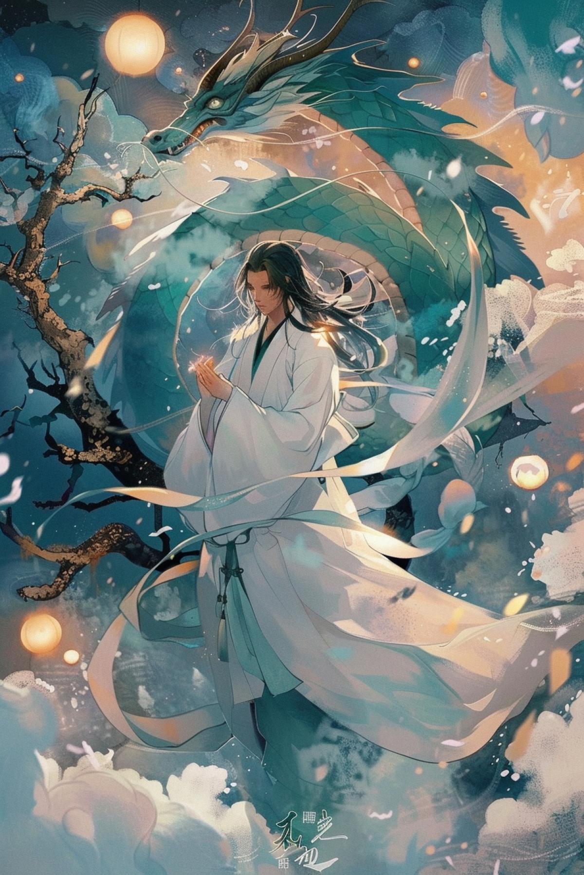 Maintaining the style, In the style of anime, Coming from the clouds, on the sides are fancy tree branches with glowing round lanterns, a very handsome very young man in a flowing kimono, long flowing hair, in full growth with a white-green dragon behind his back, golden horns, beautifully curving , splashes of waves Maintaining style, In anime style, Coming from the clouds, on the sides are fancy tree branches with glowing round lanterns, a handsome very young man in a developing kimono, long flowing hair, in full growth with a white-green dragon behind his back, golden horns , beautifully , splashing waves