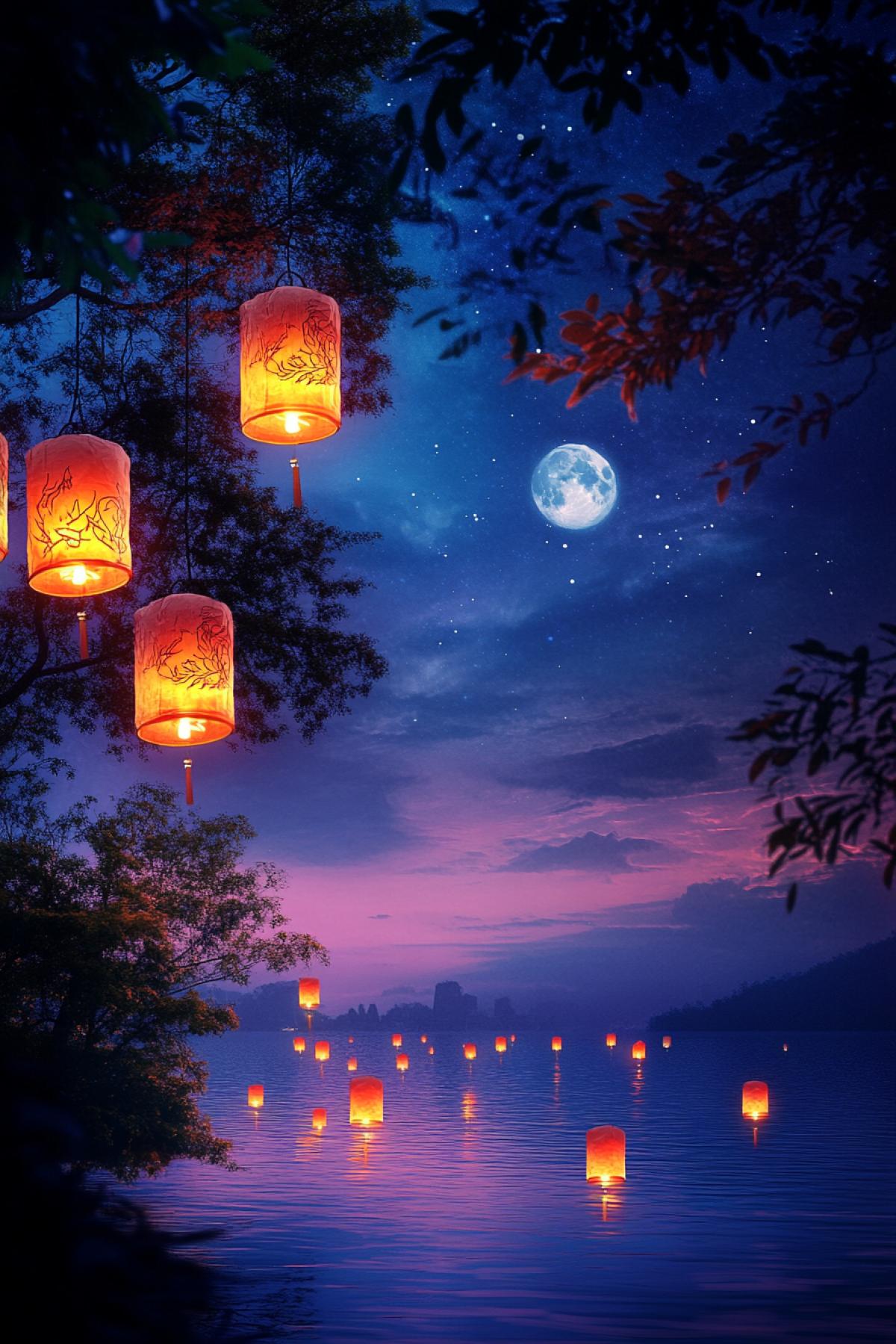 Night sky full of floating Chinese lanterns, bright colors red, gold, orange, purple, soft glow, contrasting shadows, reflection of lanterns on the water surface, a calm lake surrounded by dark silhouettes of trees, the moon and stars in the background, lanterns with exquisite patterns, calligraphy and dragons, an atmosphere of magic and peace, a harmonious combination of nature and tradition.