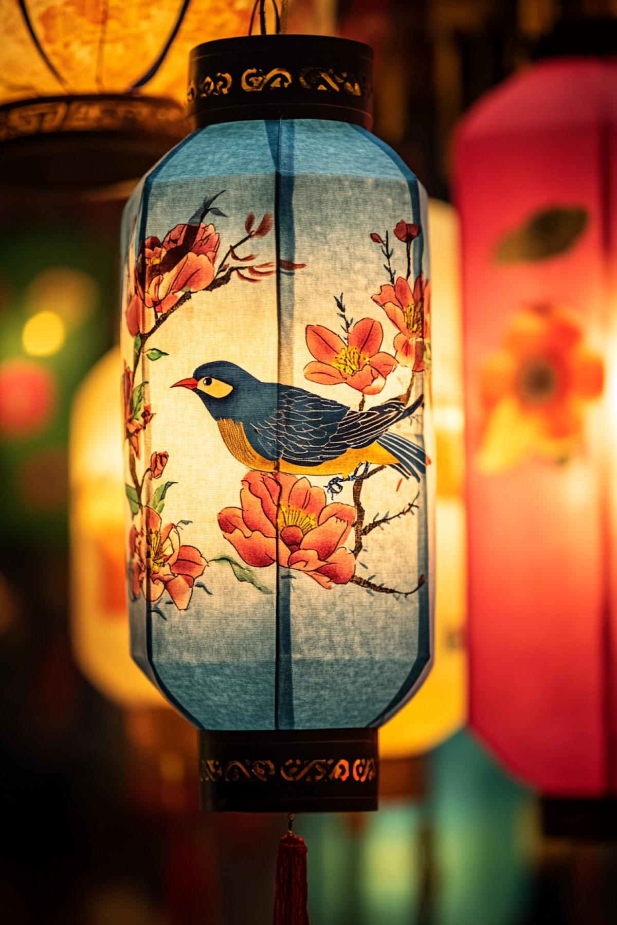 Close-up of a paper lantern, intricate details and fine workmanship, bright and rich colors, patterns with flowers, birds, hieroglyphs, rice paper texture, slightly uneven surface, light from within creates a soft glow, fine brushes, intricate shapes, contrast of warm light and dark background , the surrounding holiday atmosphere, lanterns of different shapes hang in the background, adding depth to the scene.