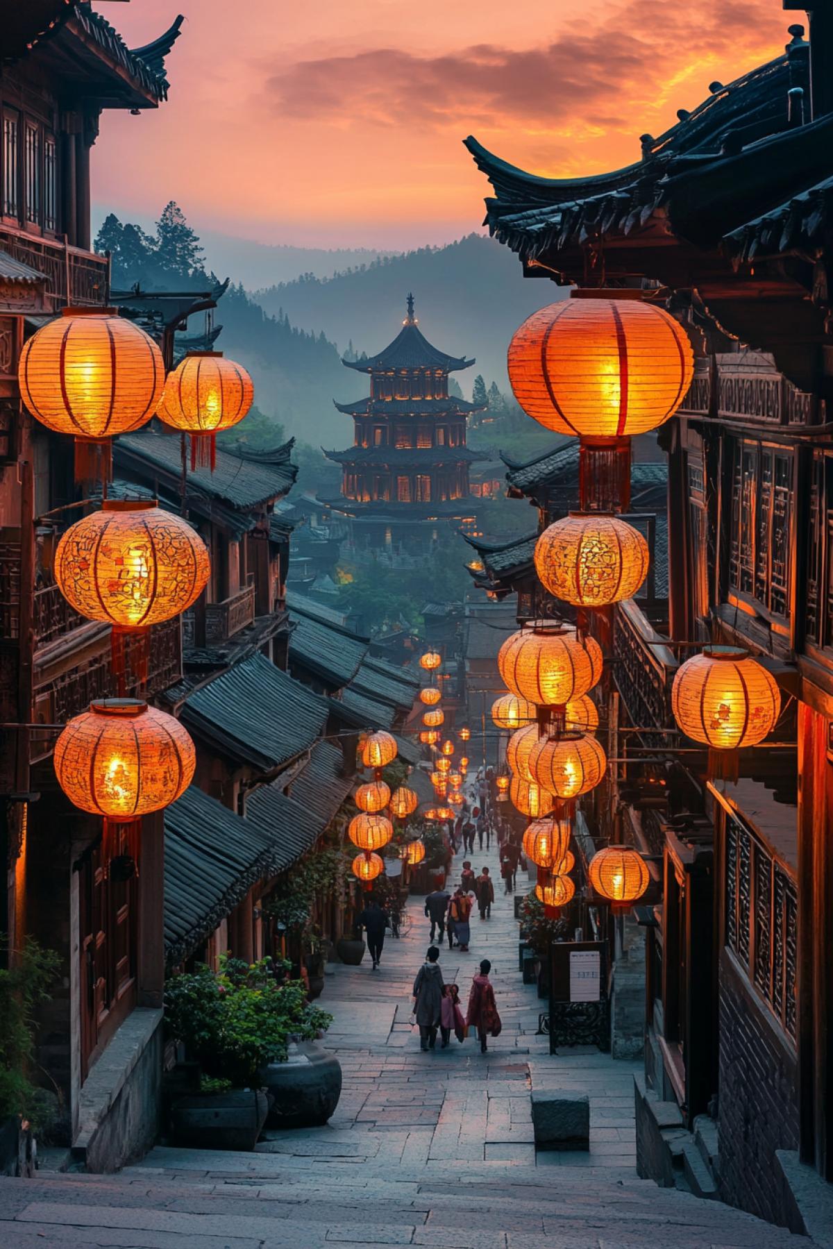 The street of an ancient Chinese city, decorated with many paper lanterns, evening dusk, golden-red shades, soft light, carved wooden facades of houses, traditional pagodas in the background, passers-by in traditional Chinese clothes, light haze creating an atmosphere of mystery, lanterns illuminate stone paths, decorative patterns on every lantern, calm and tranquility.