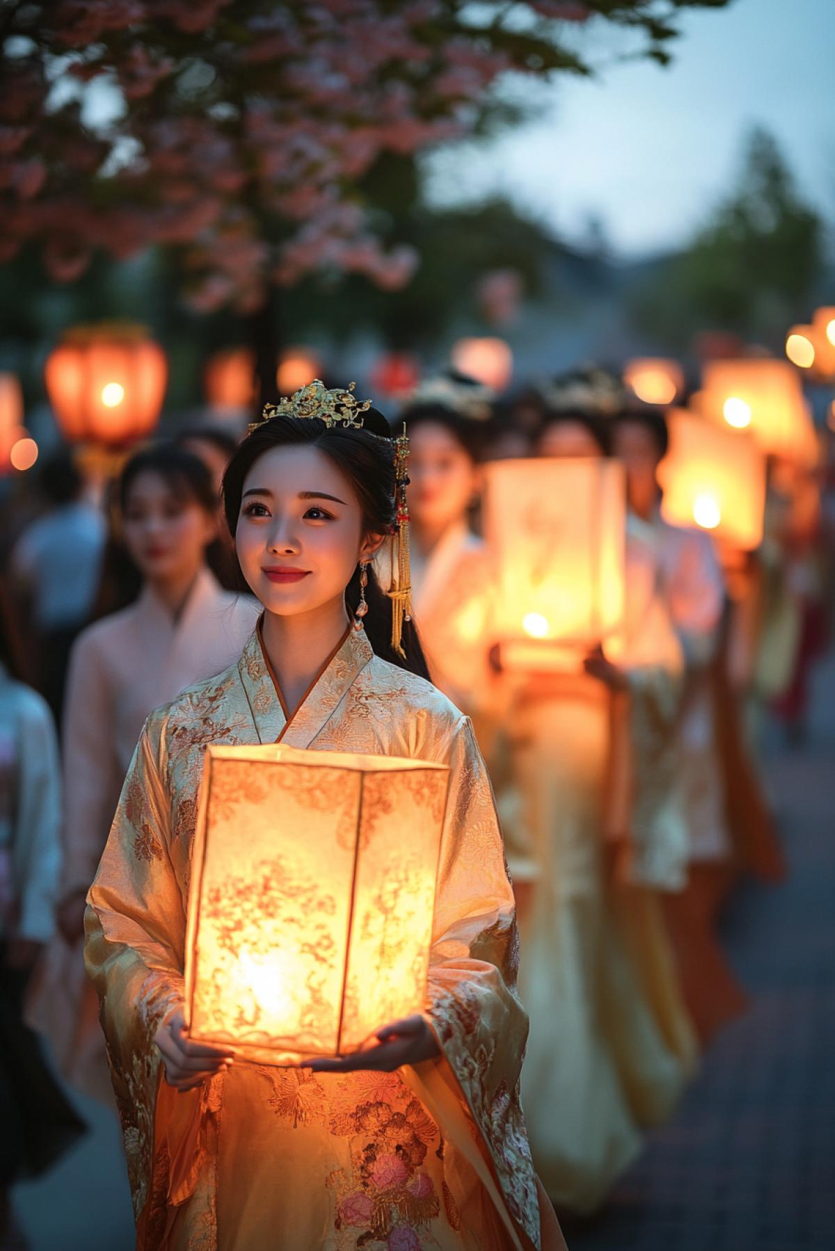 Chinese Festive procession with lanterns in hands, evening time, a group of people in traditional Chinese clothes, silk fabrics, red and gold colors, lanterns of different sizes, peoples faces illuminated with warm light, joy and delight on their faces, trees in bloom along the road, haze from burning incense, traditional music in the background, a feeling of a living holiday, unity with culture and history.