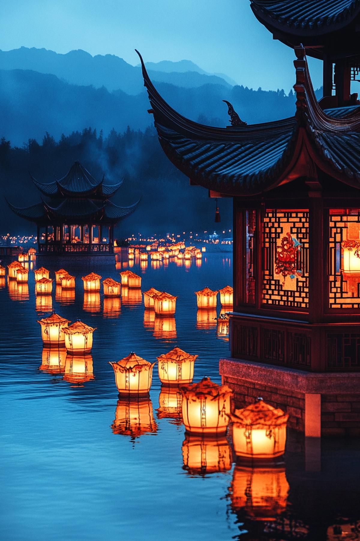 Night festival at an ancient temple, thousands of lanterns rise into the sky, creating rivers of light, temple architecture in traditional Chinese style, carved roofs, lantern light reflected on surfaces, landscape with mountains on the horizon, silhouettes of trees in the fog, lanterns of various shapes resembling lotuses, dragons and birds, dynamic movement of light, mystical atmosphere, contrast of cold night air and warm light.
