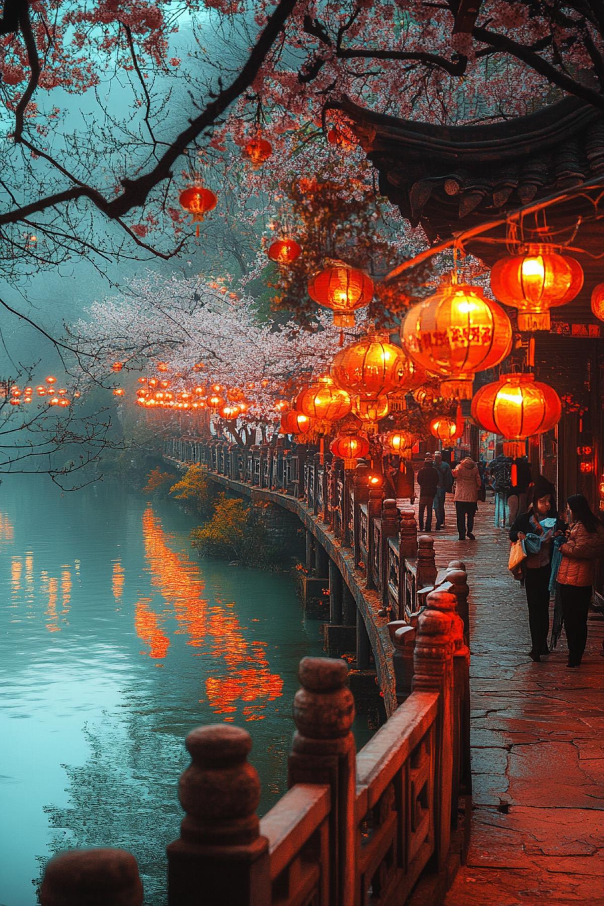 Scene on a bridge over a river, decorated with hundreds of hanging lanterns, warm golden light, reflections in calm water, bright colors red, orange, green, bluish haze over the water, trees with cherry blossoms along the banks, people walking along the bridge, lanterns illuminate faces with smiles, soft shadows from the stone railings of the bridge, a feeling of joy, romance and harmony, ancient traditions in a modern context.