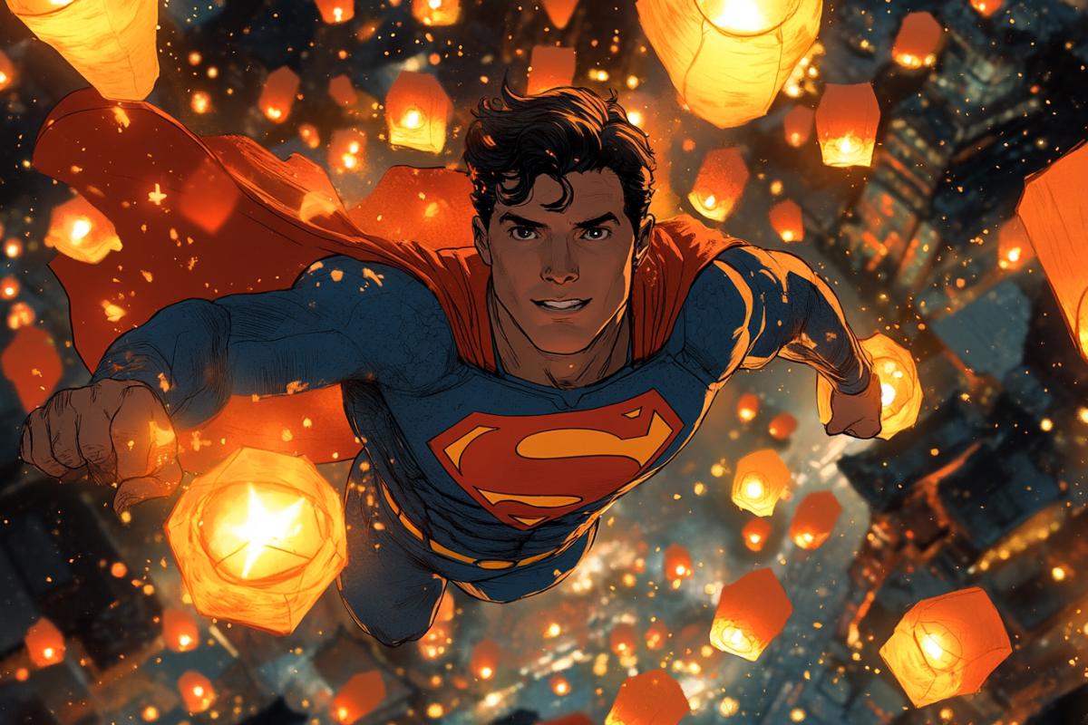 China-superman flying over lantern festival in China, night sky with yellow sun and stars, comic book style. Van Gogh-inspired sky featuring swirling brushstrokes and a dreamy color palette, adding a magical touch. In the style of Alex Ross, in the style of greg manchess, in the style of Paul Lehr, dynamic action 4k, hyper detailed face, ultra realistic, cinematic lighting, ultra wide shot, dramatic angle, city background, lots of glowing paper lamps in the foreground