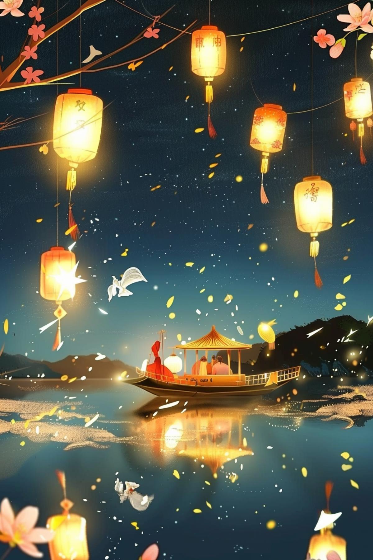 In anime style, a Chinese ferry boat among the water surface of the river, flying Chinese burning bright lanterns, glitter on the water
