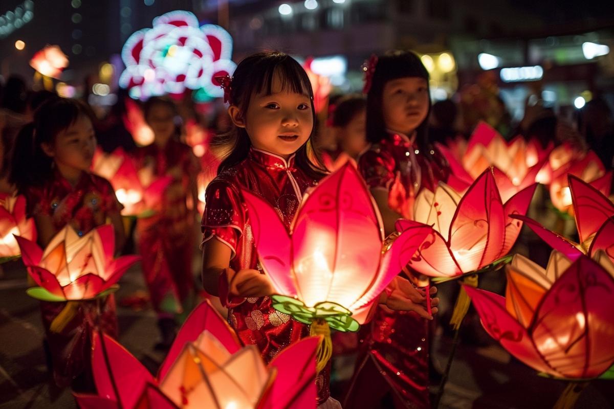 Photographic art, cute and charming girls in shiny outfits among the city lantern festival, at their feet there are large glowing lanterns flowers, night, glare of light