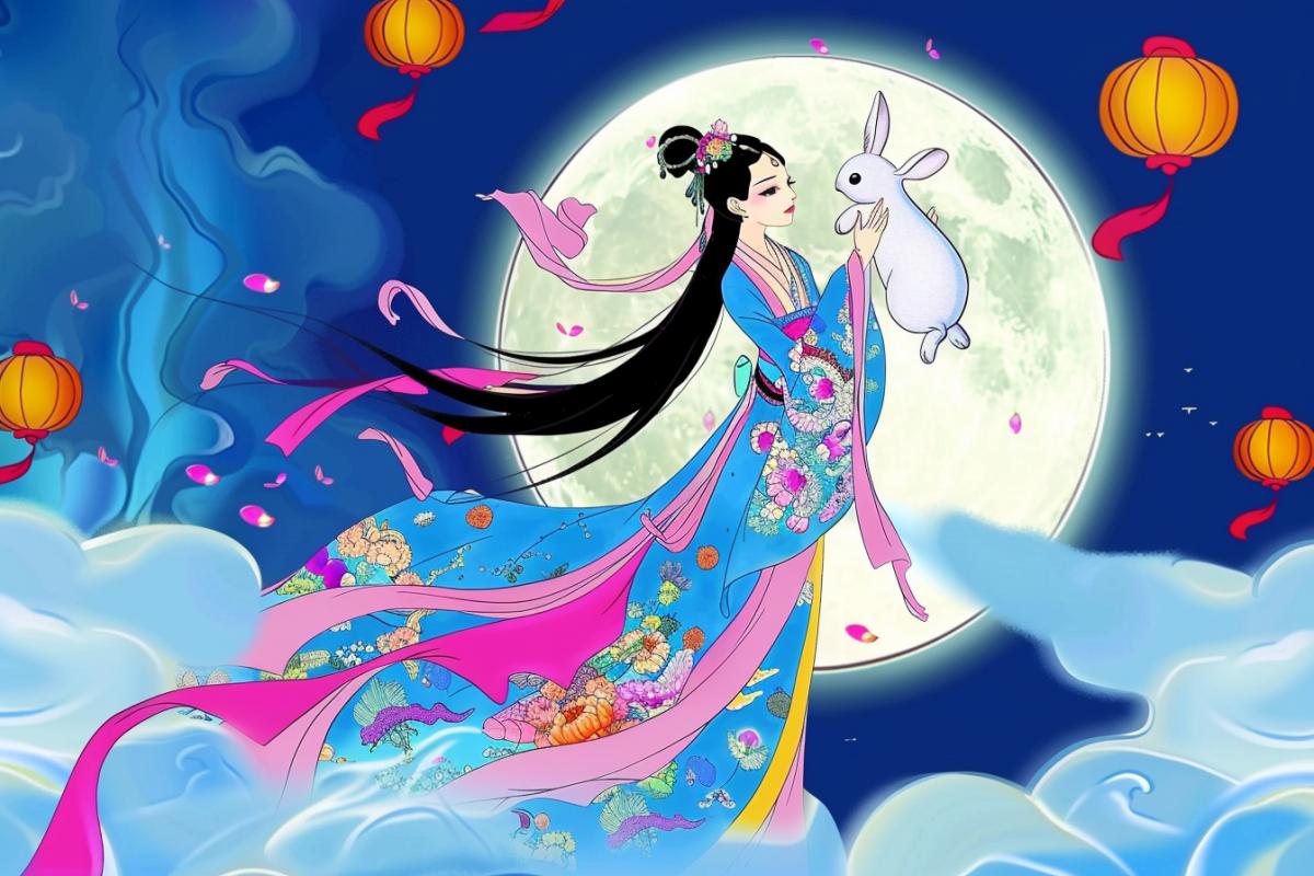 Chinese moon goddess in anime style, laconic Chinese graphics, flowers in her hair. Against the background of a huge white moon with fluttering ribbons, a beautiful long dress admires a white rabbit, holding it in his arms high above his head, around a cloud, round orange lanterns floating across the sky