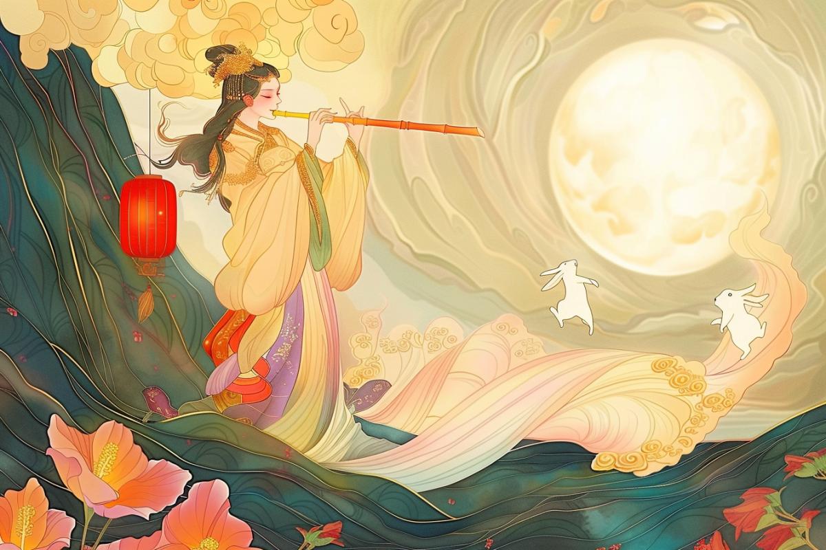 In anime style, the lunar goddess plays the flute against the background of a huge white moon, a Chinese red lantern hovers next to her figure, in the side of the art there are delicate hibiscus flowers, on the petals of which tiny white rabbits are jumping, very cute, delicate colors, sophisticated, filigree work