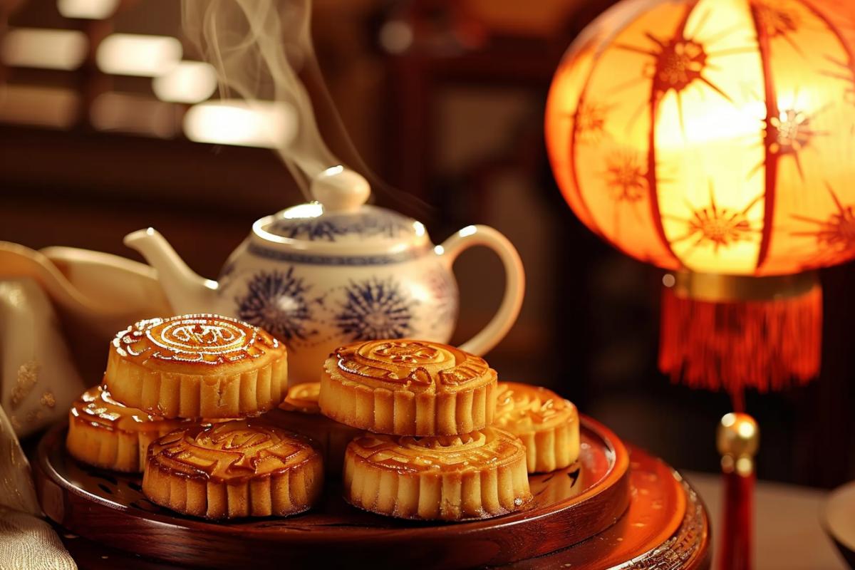 on a round wooden stand there is a dish with round cookies, a porcelain Chinese teapot in white and blue tones, a tea cup with tea from which steam rises, a Chinese red glowing lantern hanging from above, which depicts a Chinese hibiscus flower, soft lighting