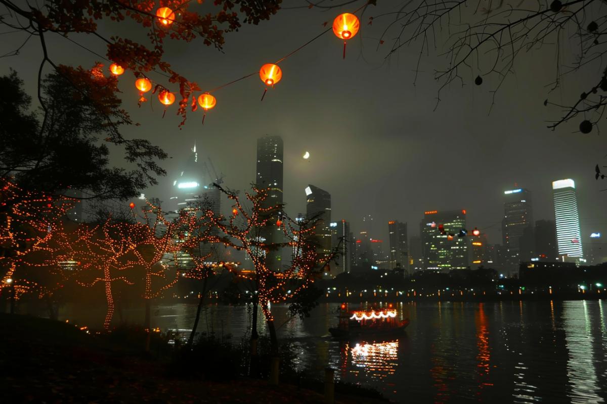 Against the backdrop of the city landscape, a enjoyment boat floats along the river, hung with burning Chinese lanterns, lanterns on the shore, silhouettes of trees with a garland, the moon in the sky