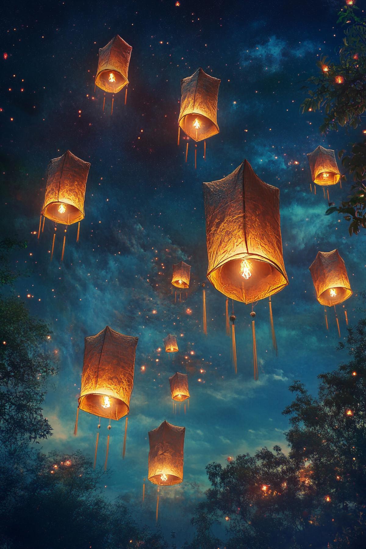 Sky Lantern Festival, Chinese aesthetics, philosophy, twinkling, realistic image, psychedelic