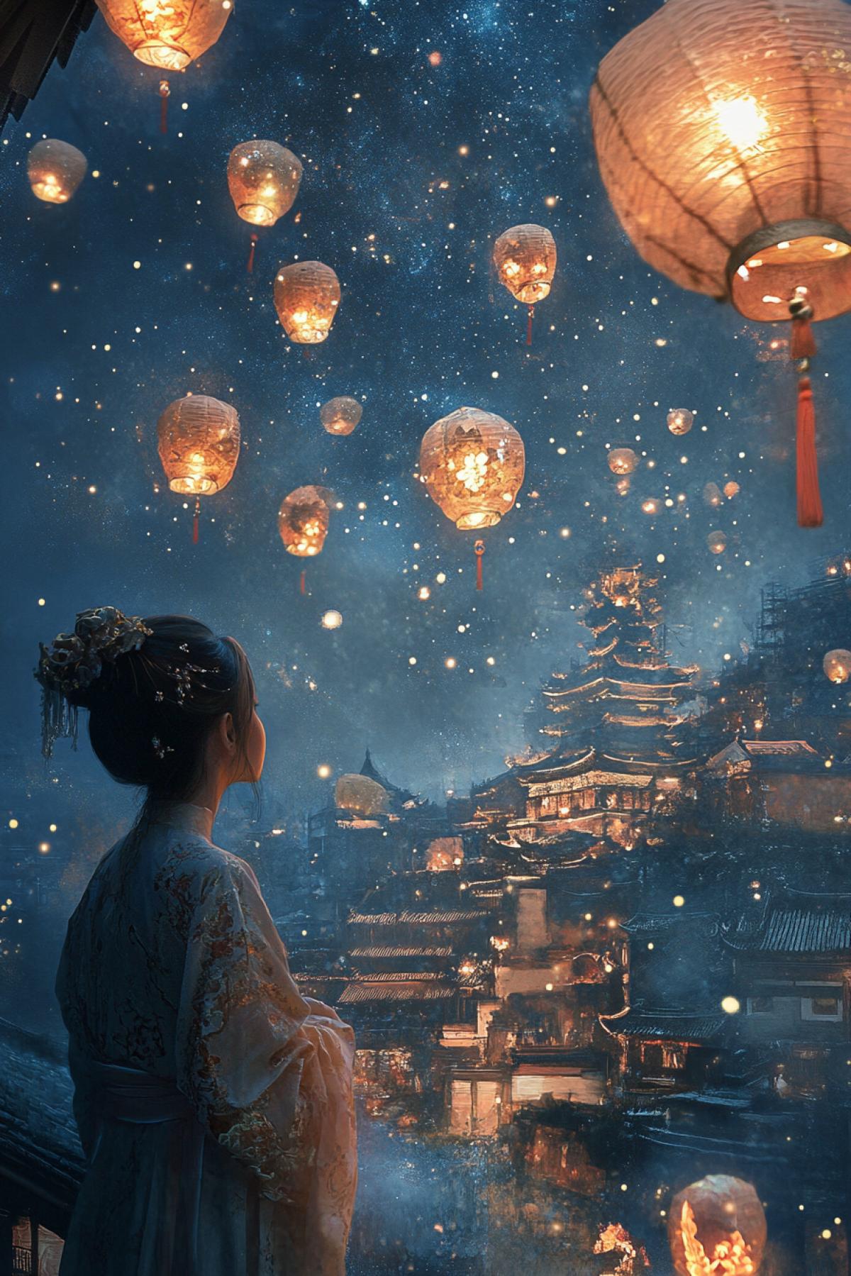 Sky Lantern Festival, Chinese aesthetics, philosophy, twinkling, realistic image, psychedelic