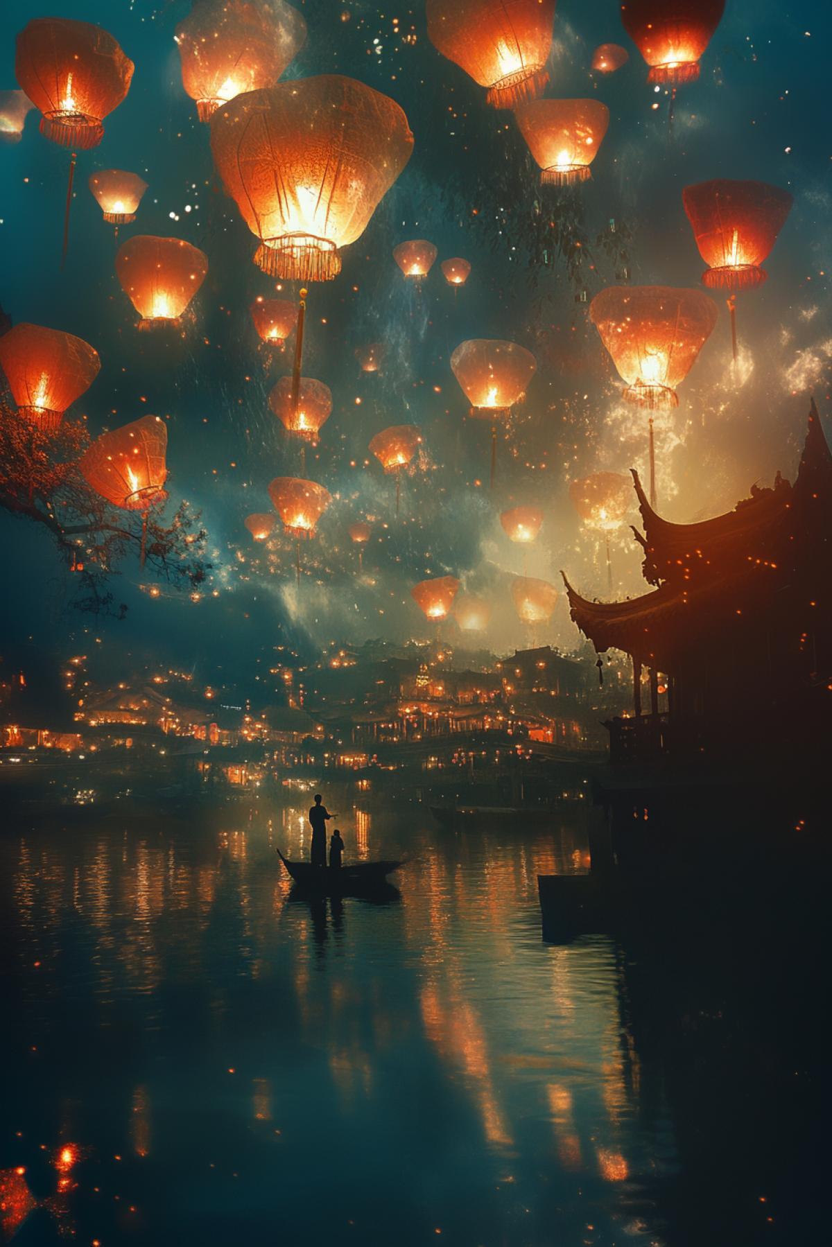 Sky Lantern Festival, Chinese aesthetics, philosophy, twinkling, realistic image, psychedelic
