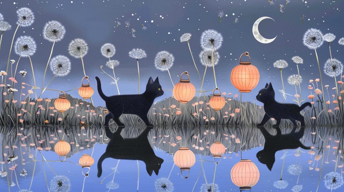 Plump cute cats walk along the river and carry Chinese lanterns against the backdrop of the moon, the river bank, reflection in the water, dandelion inflorescences