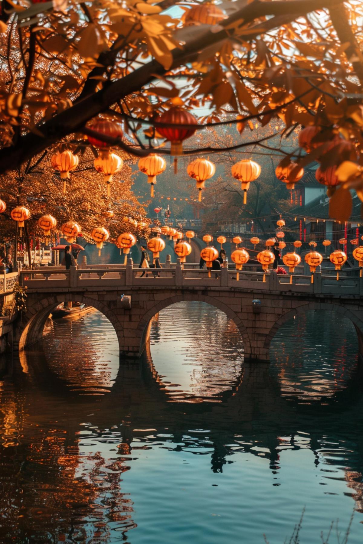 On the bridge over the river, decorated with a large number of hanging lanterns, warm golden light, reflections in calm water, bright colors dark burgundy, red, orange, green, bluish haze over the water, trees with burgundy-red maple leaves along the banks, people walking along the bridge, lanterns illuminate faces with smiles, soft shadows from the stone railings of the bridge, a feeling of celebration, romance, harmony, ancient traditions in a modern context.