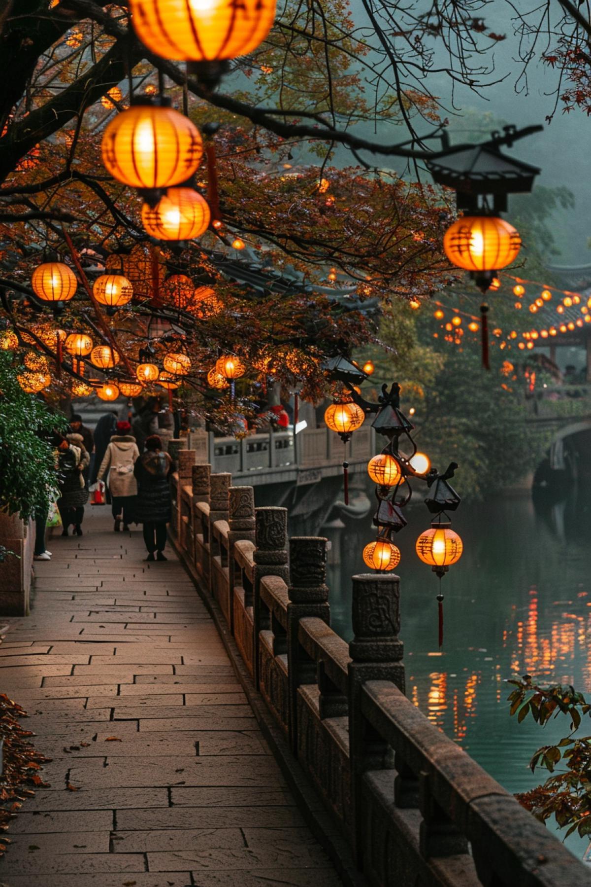 On the bridge over the river, decorated with a large number of hanging lanterns, warm golden light, reflections in calm water, bright colors dark burgundy, red, orange, green, bluish haze over the water, trees with burgundy-red maple leaves along the banks, people walking along the bridge, lanterns illuminate faces with smiles, soft shadows from the stone railings of the bridge, a feeling of celebration, romance, harmony, ancient traditions in a modern context.