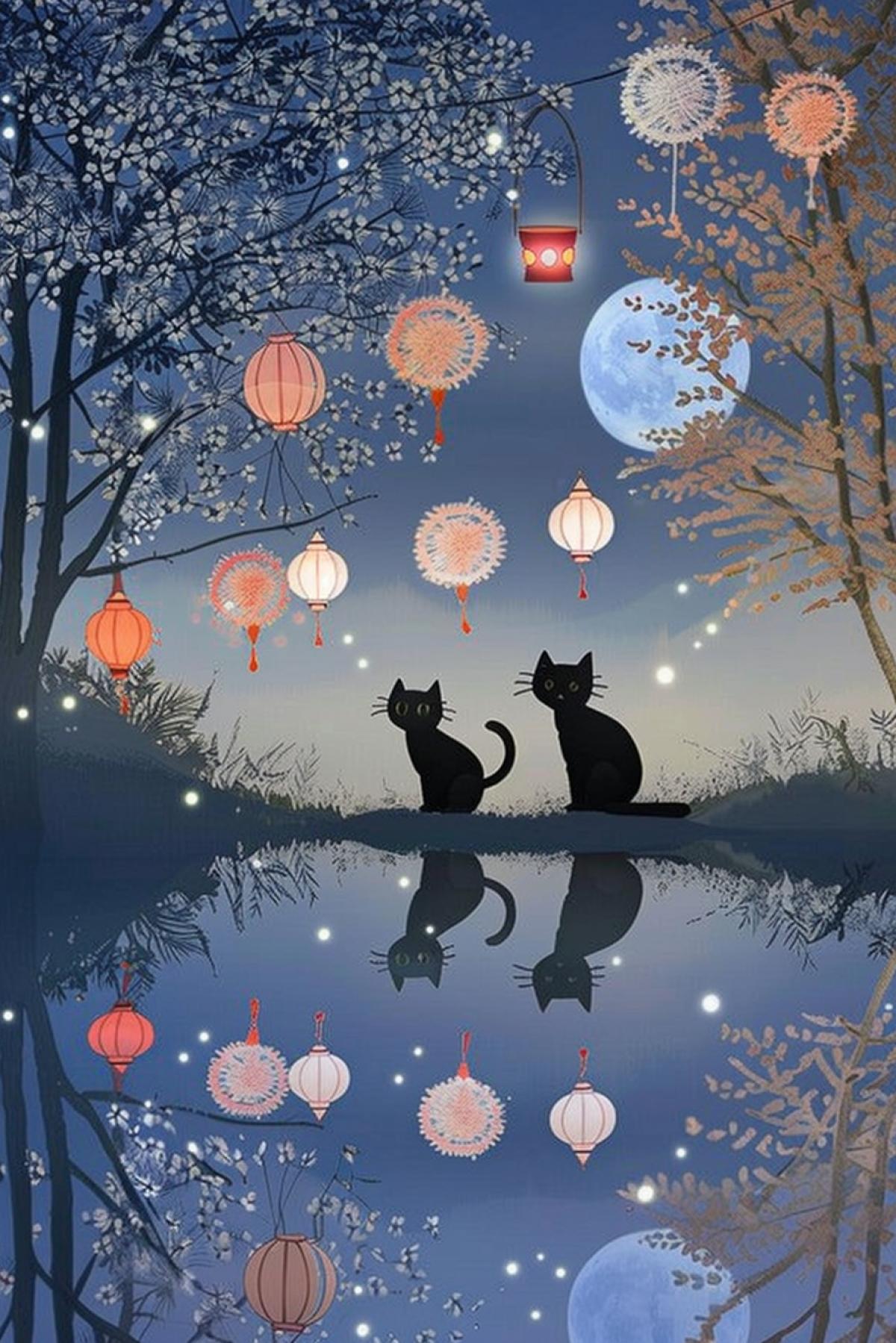 Anime art, Plump cute cats walk along the river and carry Chinese lanterns against the backdrop of the moon, river bank, thin outlines of openwork trees, reflection in the water, dandelion inflorescences