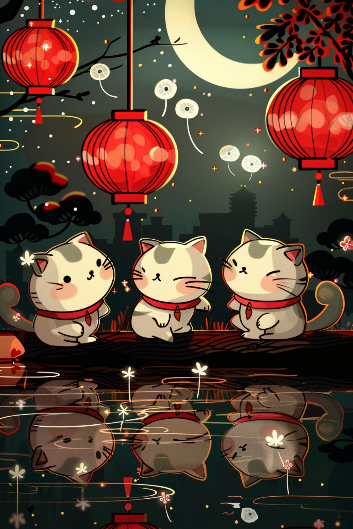 In anime style, Plump cute cats, 5 pieces, walk along the river and carry Chinese lanterns against the backdrop of the moon, dark outlines of trees, night and stars, river bank, reflection in the water, dandelion inflorescences