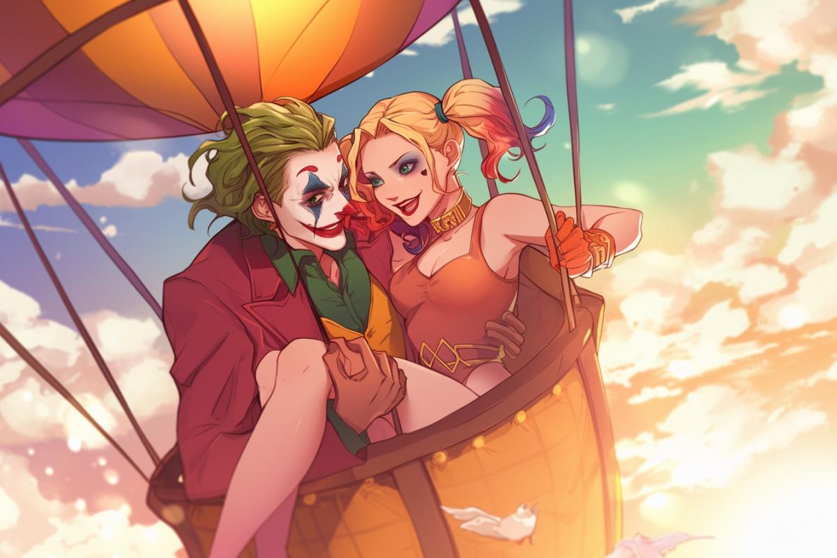 Joker and Harley Quinn are flying in a hot air balloon