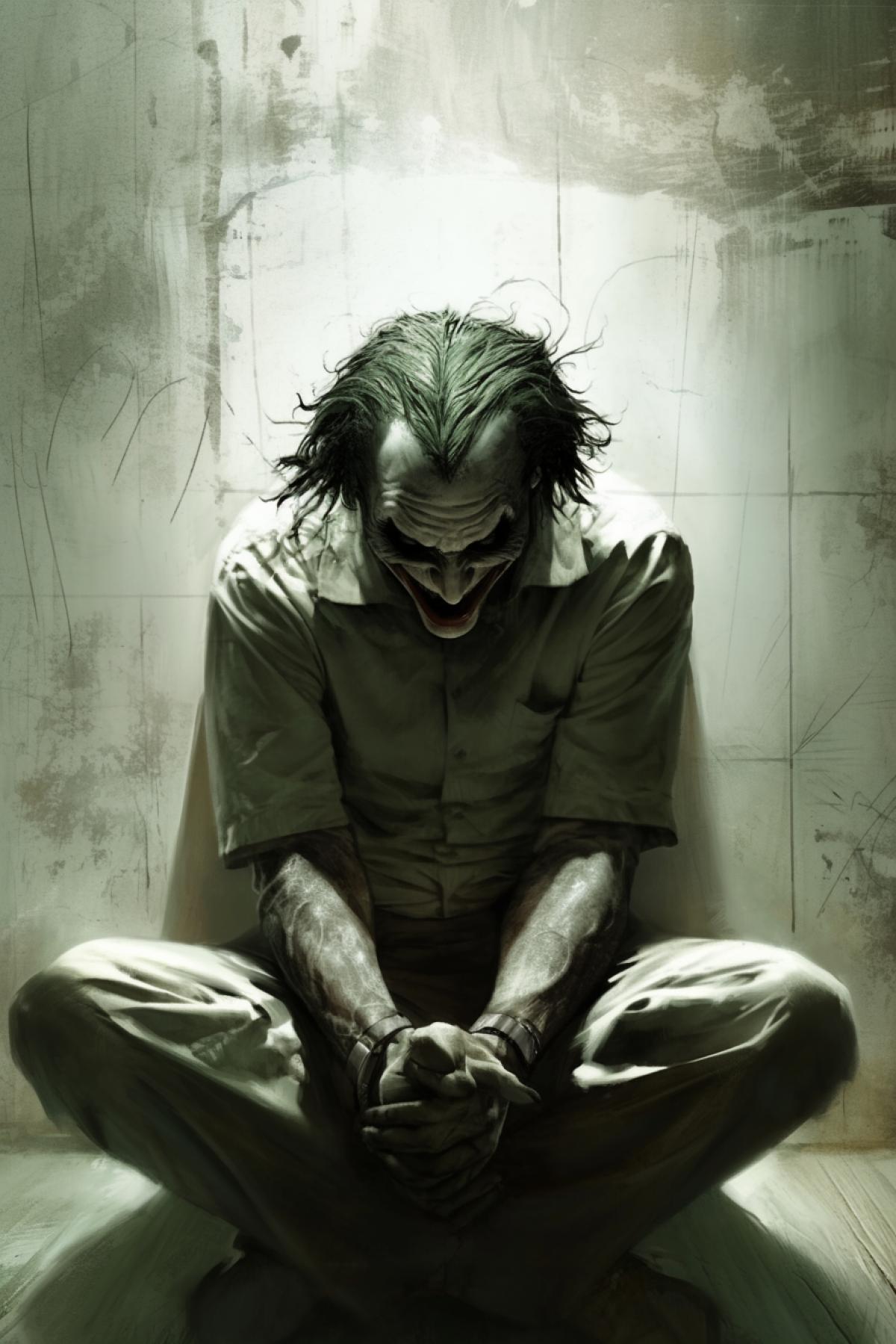 the image shows the joker in a straitjacket, the joker is in a mental hospital, white walls, white eyes, madness, hysteria, laughter, dc comics, by Gerald Brom, Keith Thompson