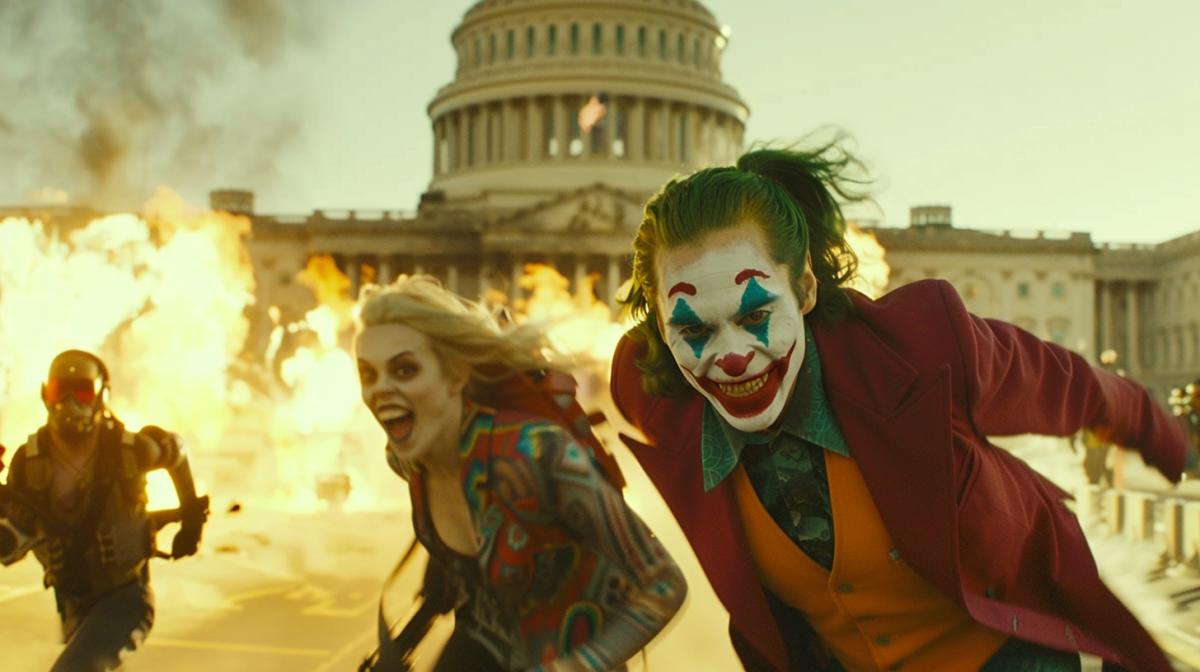 In the foreground: Joker C25 and Harley Quinn C50 lead the rebels in an attack on the US Congress, in the background: fire, flashes of gunfire, tracer, high quality, s1000 frame from a DC movie