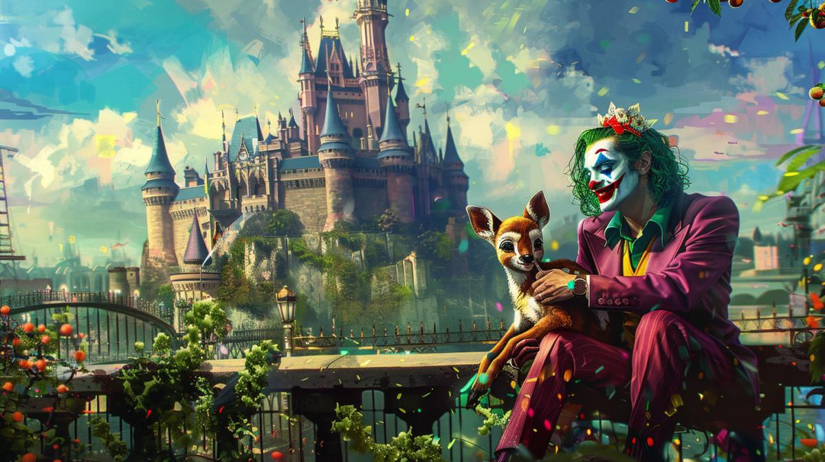 The Joker and Harley Quinn feed Bambi against the backdrop of the Disney castle, the style of Disney films, romance, maximum details, high quality.