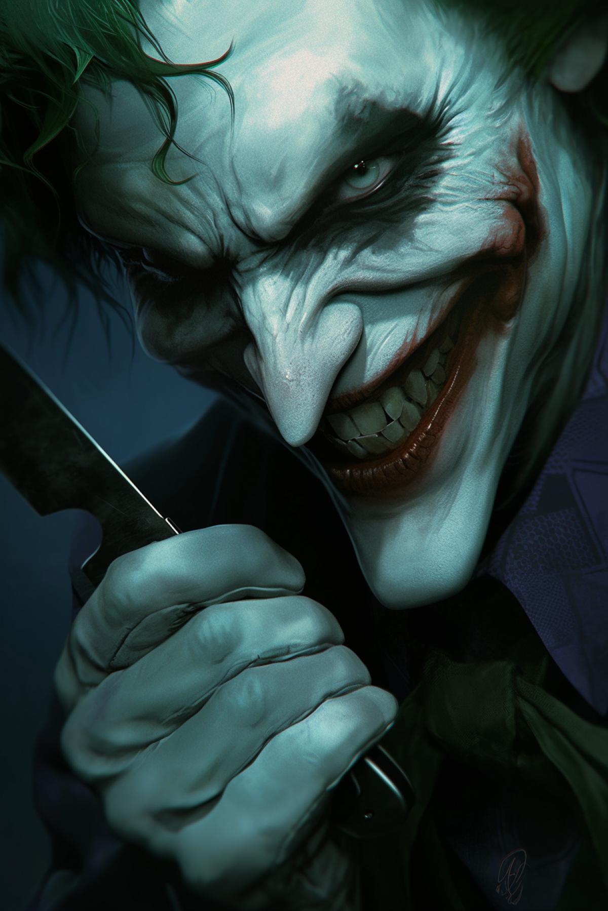 the image shows the joker in a butcher costume with a knife in his hand, a strange and crazy image, a crazy look of white eyes, laughs, horror style, a creepy sight, nightmare style, by Gerald Brom, Jakub Rozalski, close, dark and blue