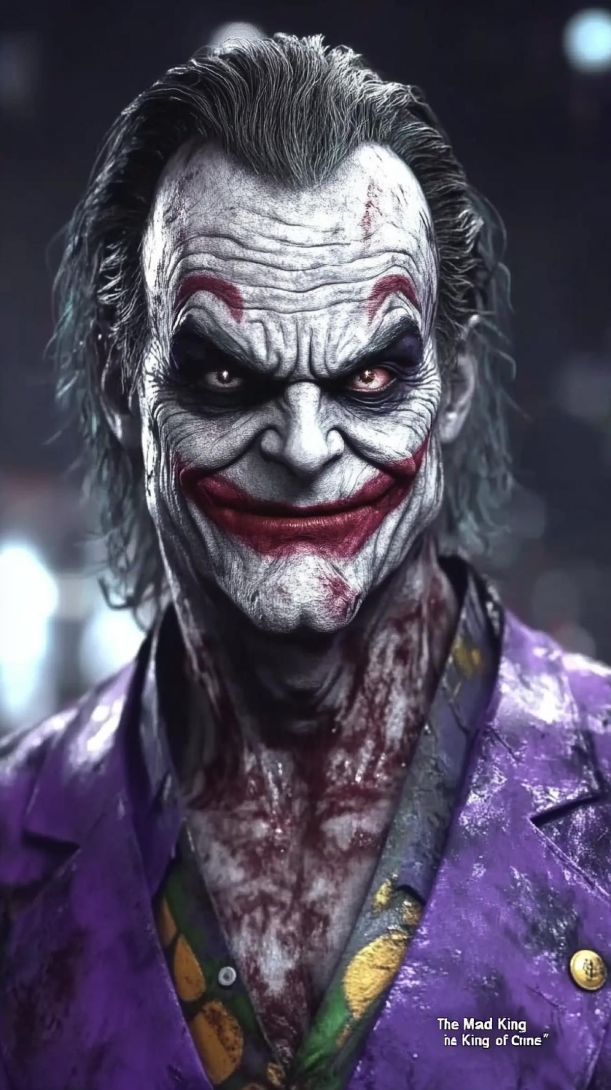 JOKER . Joker \"The Mad King of Crime\" embodies and reinforces the villains philosophy of anarchy. His purple suit is dull and dusty. His makeup is sloppy and smudged. His visible scars on his face are covered with unevenly drawn lipstick in the shape of a crooked smile. . The most brilliant and frightening supervillain in the universe
