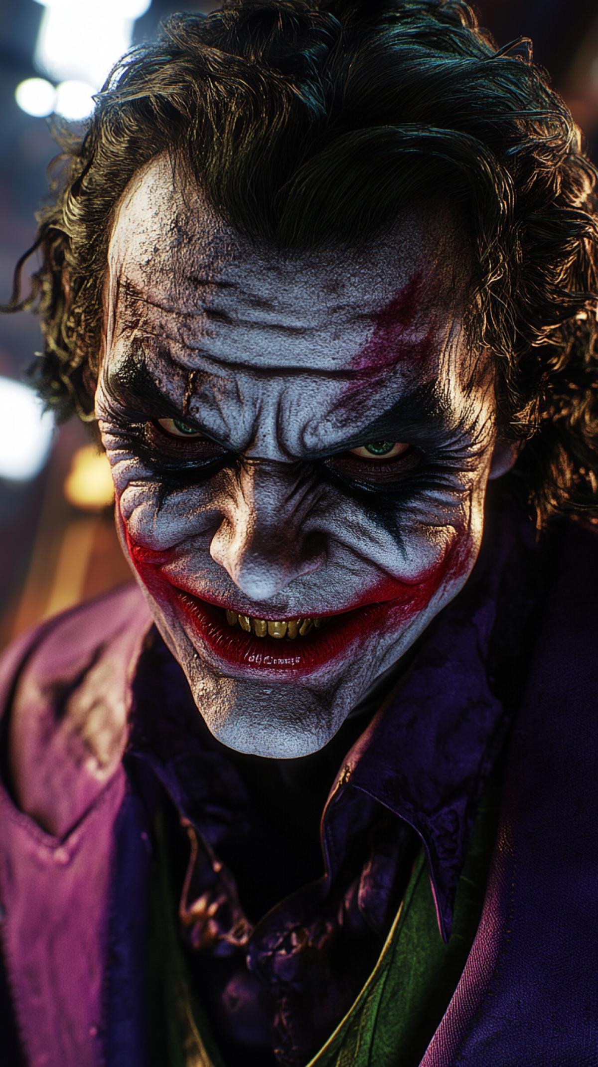 JOKER . Joker \"The Mad King of Crime\" embodies and reinforces the villains philosophy of anarchy. His purple suit is dull and dusty. His makeup is sloppy and smudged. His visible scars on his face are covered with unevenly drawn lipstick in the shape of a crooked smile. . The most brilliant and frightening supervillain in the universe