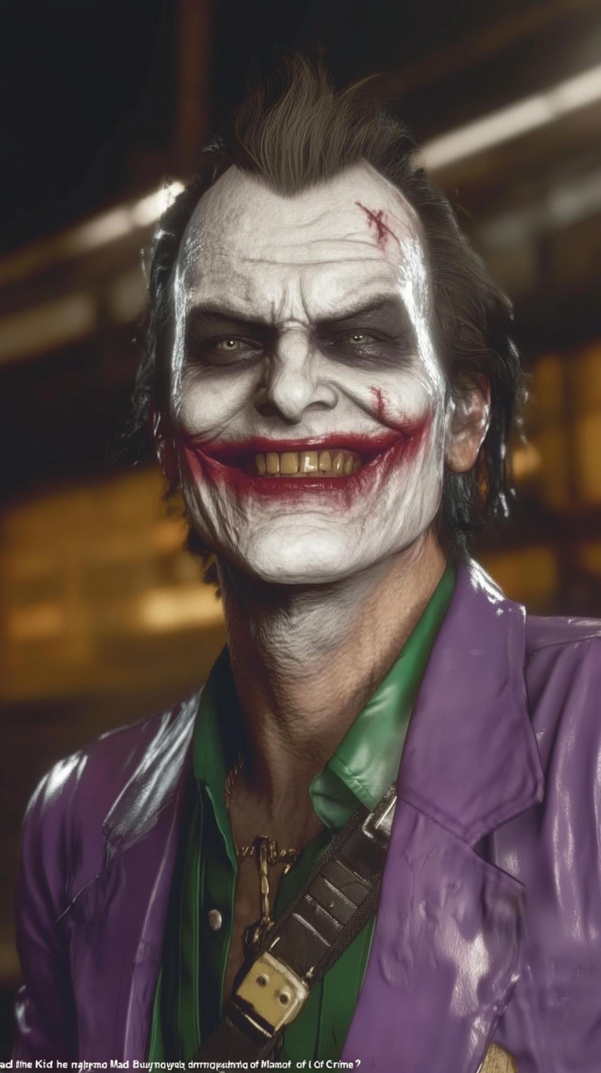 JOKER . Joker \"The Mad King of Crime\" embodies and reinforces the villains philosophy of anarchy. His purple suit is dull and dusty. His makeup is sloppy and smudged. His visible scars on his face are covered with unevenly drawn lipstick in the shape of a crooked smile. . The most brilliant and frightening supervillain in the universe