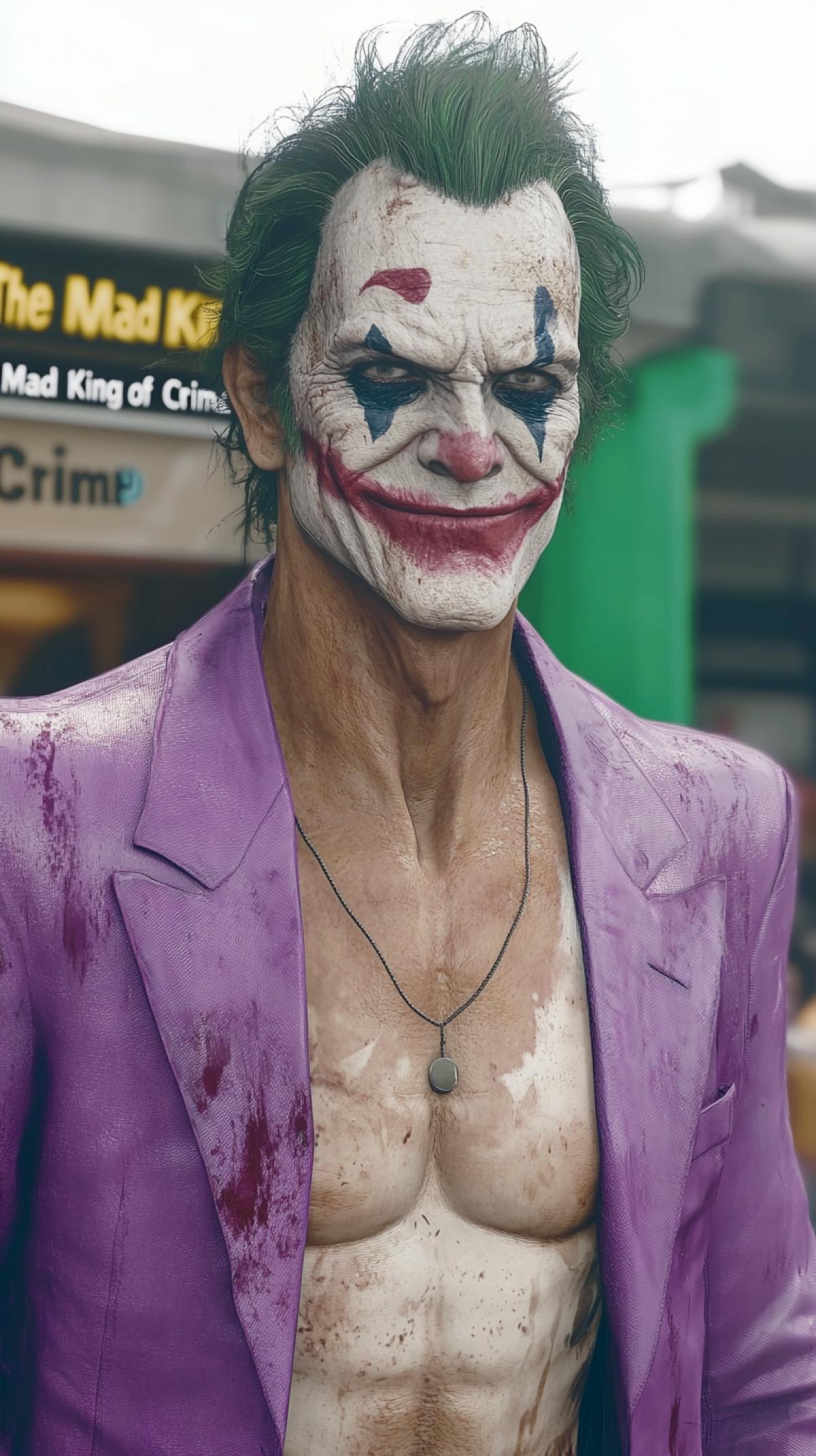 JOKER . Joker \"The Mad King of Crime\" embodies and reinforces the villains philosophy of anarchy. His purple suit is dull and dusty. His makeup is sloppy and smudged. His visible scars on his face are covered with unevenly drawn lipstick in the shape of a crooked smile. . The most brilliant and frightening supervillain in the universe, both terrible and beautiful. The man is a mystery, the man is death, the man is crazy