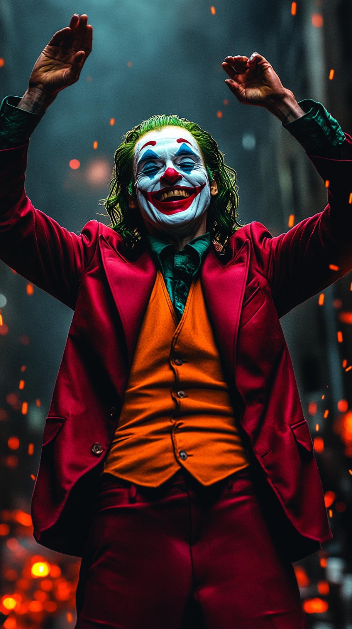 The Joker dances and laughs in the center of Gotham at night against the backdrop of an explosion.