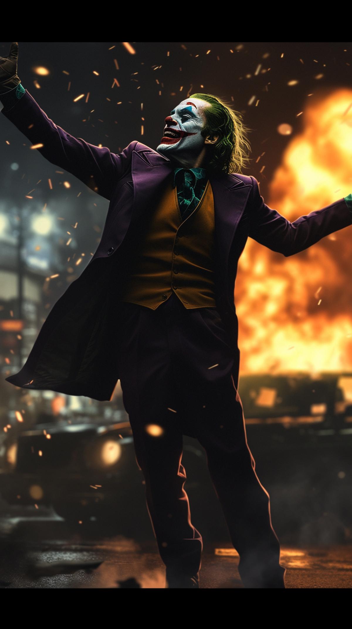 The Joker dances and laughs in the center of Gotham at night against the backdrop of an explosion.